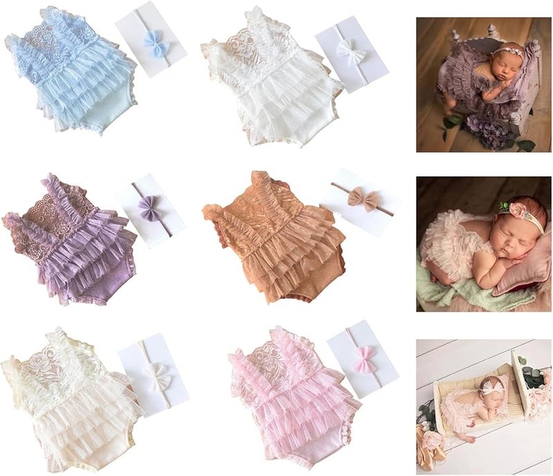 Newborn Girl Lace Romper With Bowknot Hairband Photography Outfit Birthday Celebration Costume - Image 2